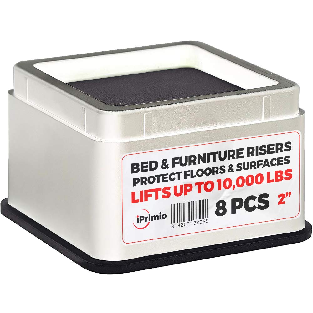 iPrimio Bed Risers - Square, 2 Inch Lift, Heavy Duty, 8 Pack, Up to 10000lbs - Bed Raising Blocks, Furniture Risers - Safe, Stur