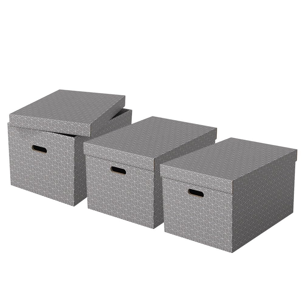 Esselte Large Storage Box With Lid, Pack Of 3, Home/Office Storage & Organisation, 100% Recycled Cardboard, 100% Recyclable, Hom