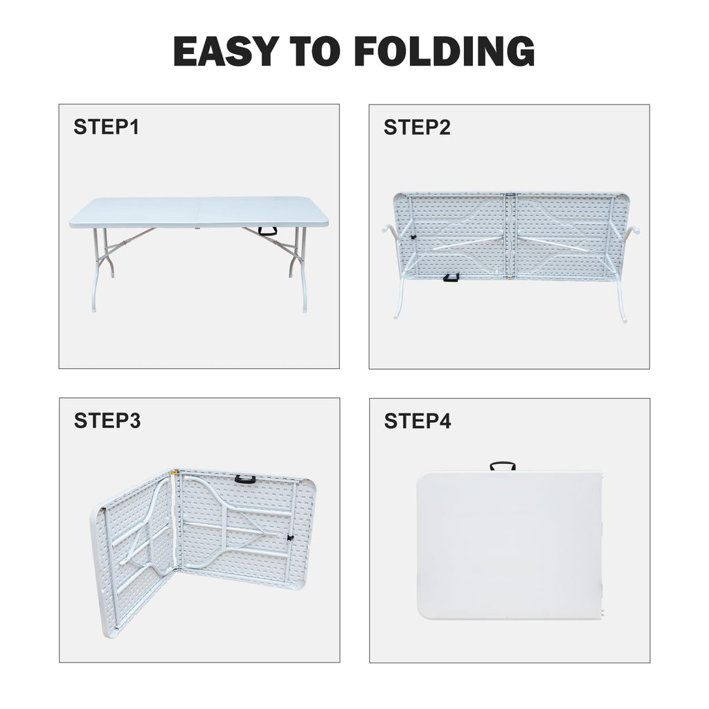 Icoud 6Ft Plastic Folding Table Portable Heavy Duty White Dining Table Fold-In-Half For Camp Party Kitchen Indoor Outdoor