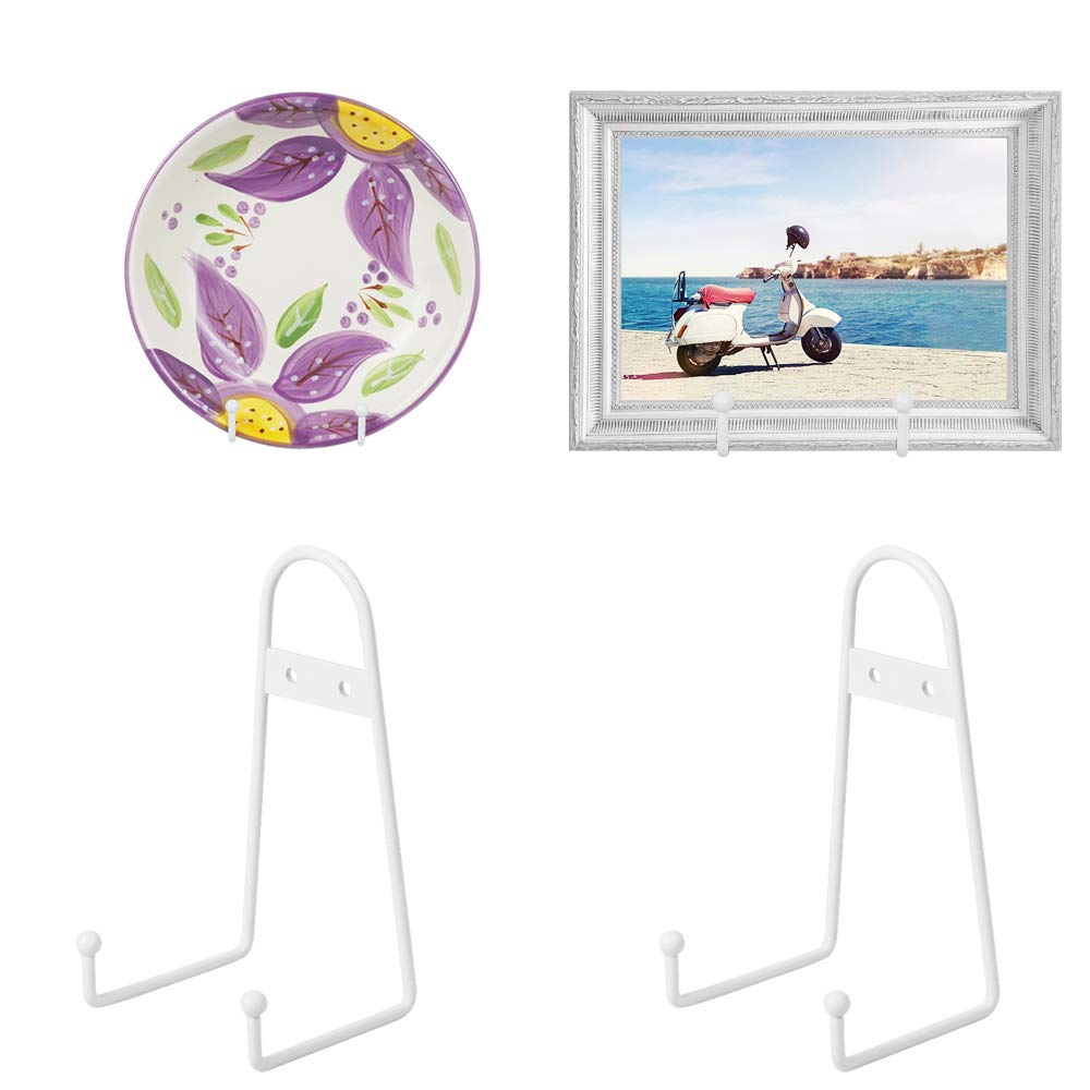 6 inch Medium White Metal wall Mount Display Easel Plate Hanger Vertical Plate Stand Holders Picture frame Stand for Wall 4 Pack