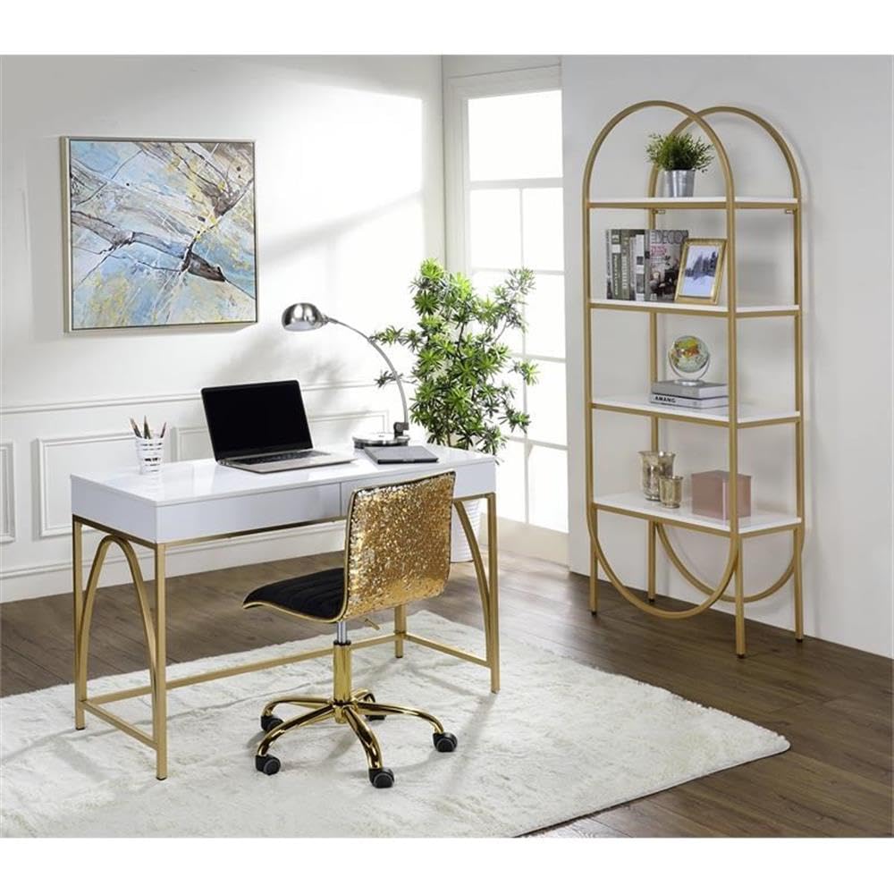 Acme Lightmane Wooden Top Writing Desk in White High Gloss and Gold