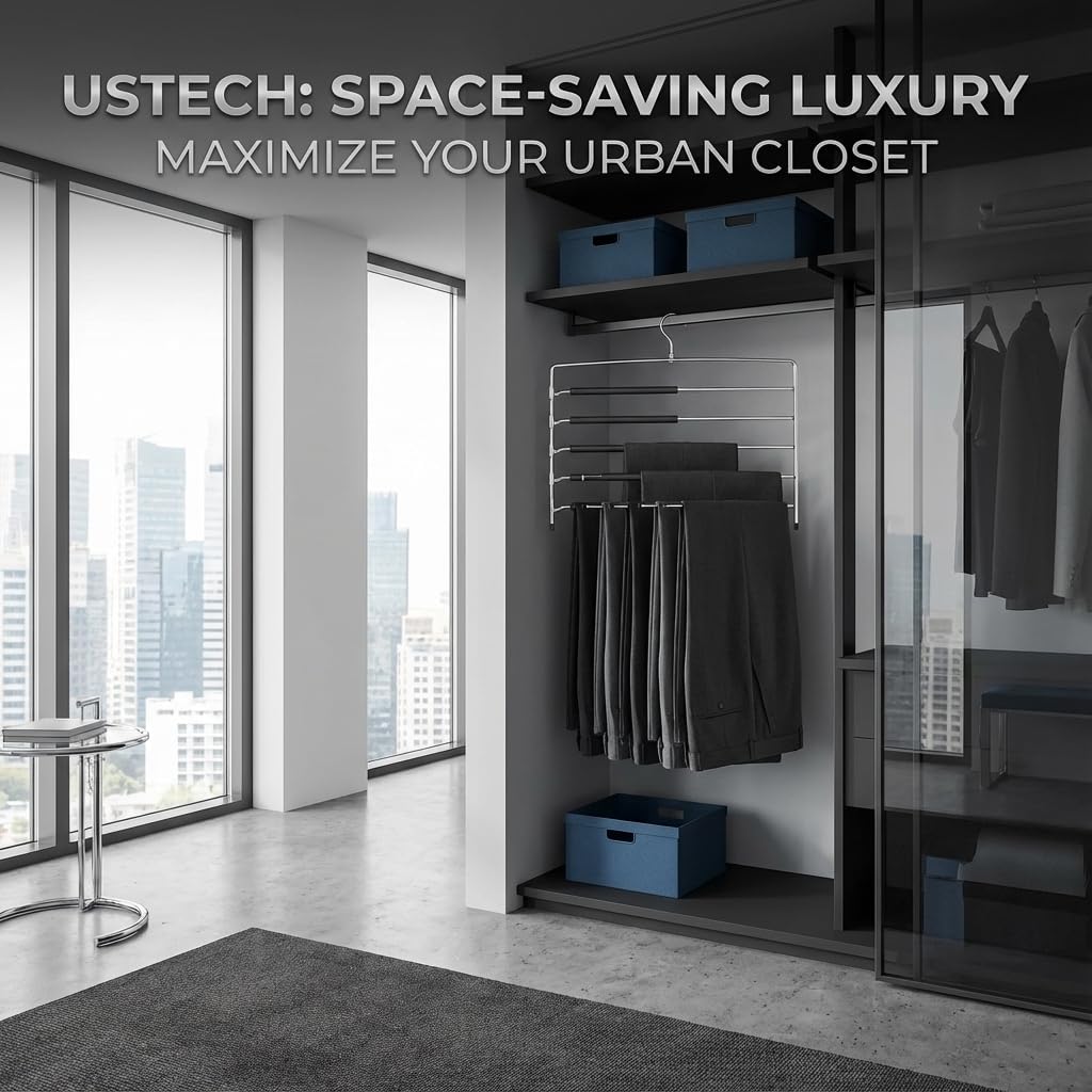 USTECH 8-Tier Swing Arm Pants Hanger, Foam-Padded, Chrome Finish