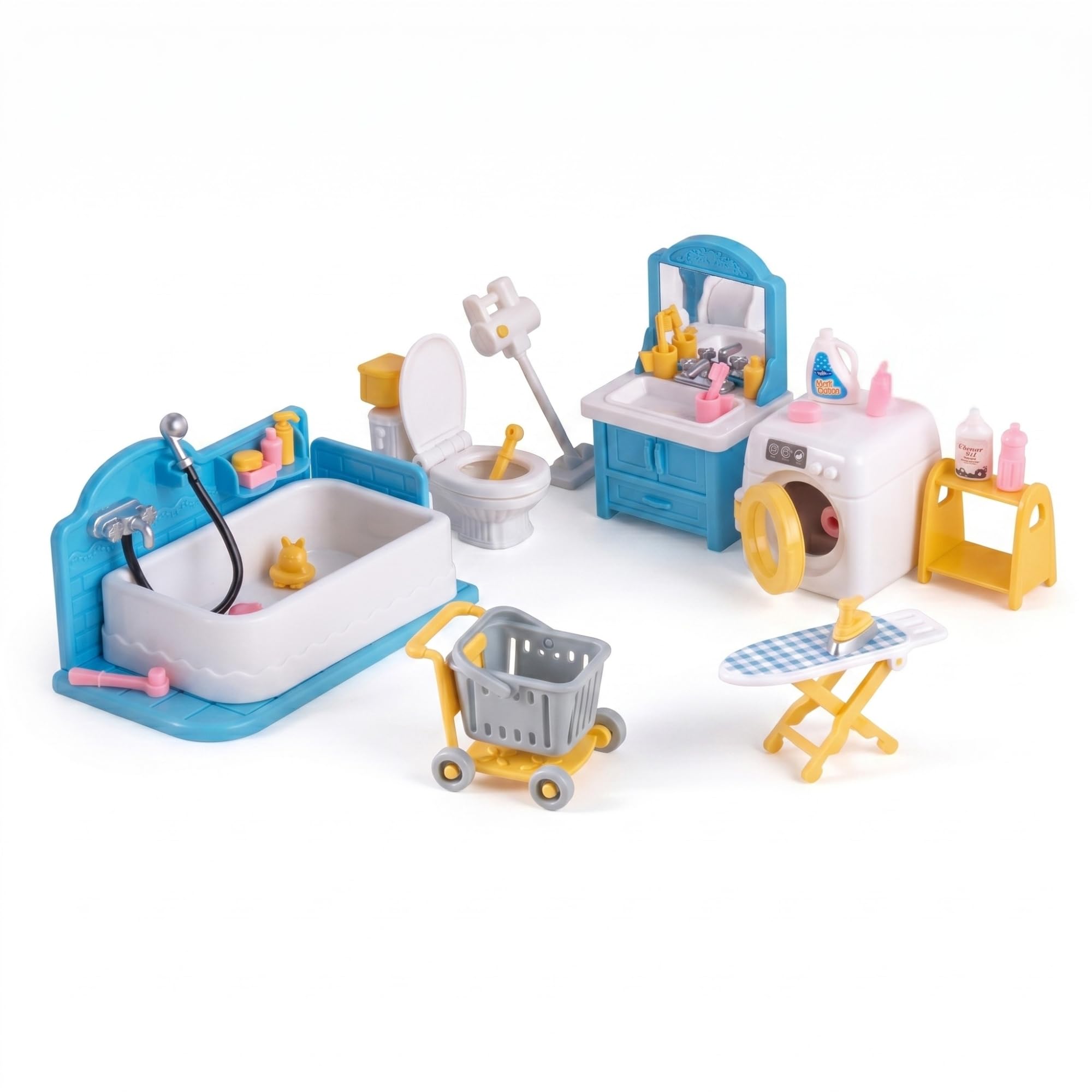 OLEOCA Family Deluxe Dollhouse Bathroom Set - Bathtub with Hand Shower, Sink with Mirror & Toilet, Washer, Ironing Board & Cart 