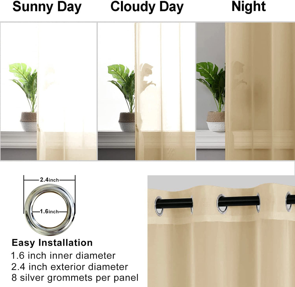 Hiasan Sheer Curtains For Bedroom With Tiebacks, Grommet Light Filtering Lightweight Voile Window Curtains For Living Room, Kids' Room And Nursery, Taupe, W52 X L72, Set Of 2 Soft Drape Panels