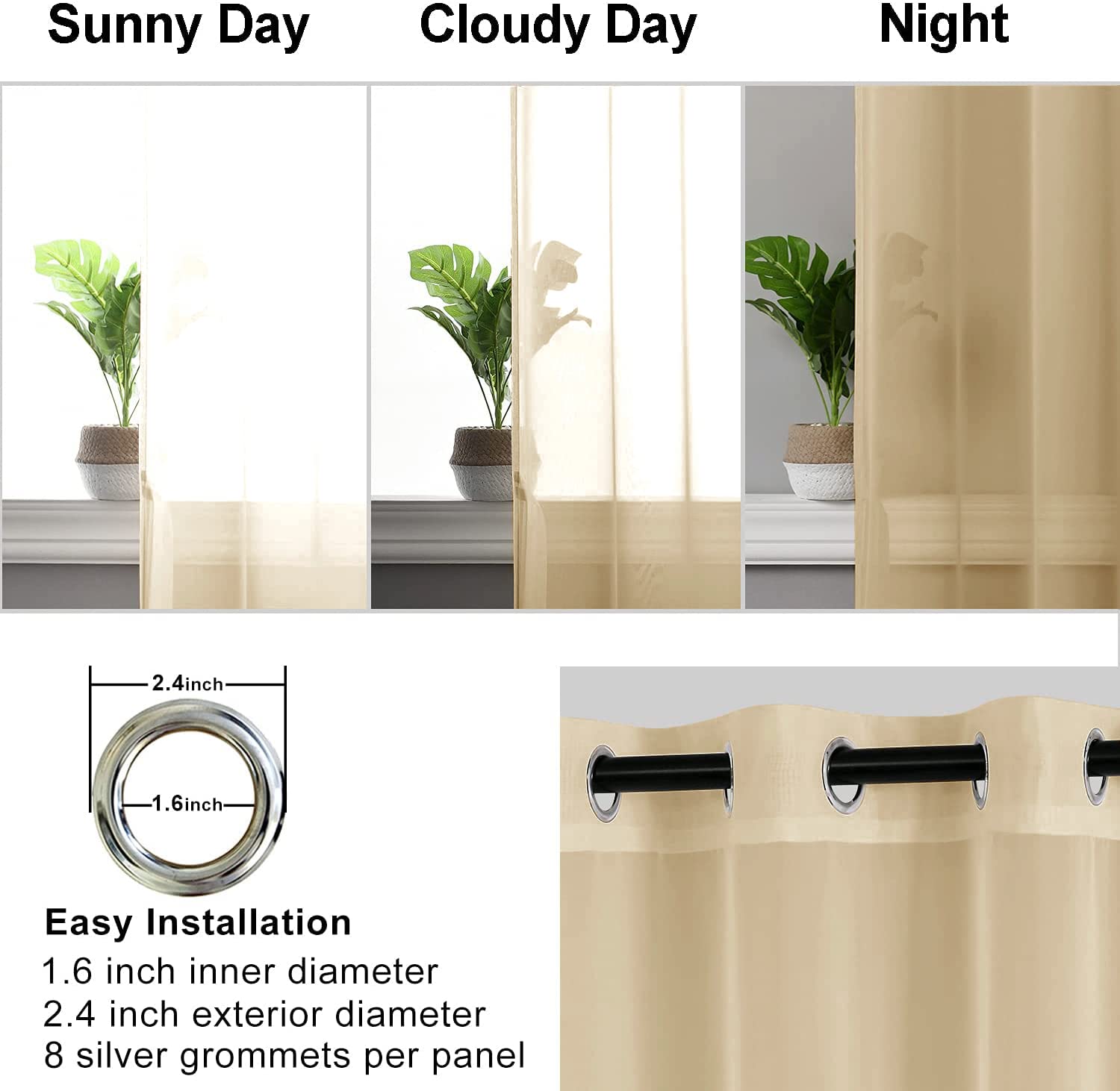 Hiasan Sheer Curtains For Bedroom With Tiebacks, Grommet Light Filtering Lightweight Voile Window Curtains For Living Room, Kids' Room And Nursery, Taupe, W52 X L72, Set Of 2 Soft Drape Panels