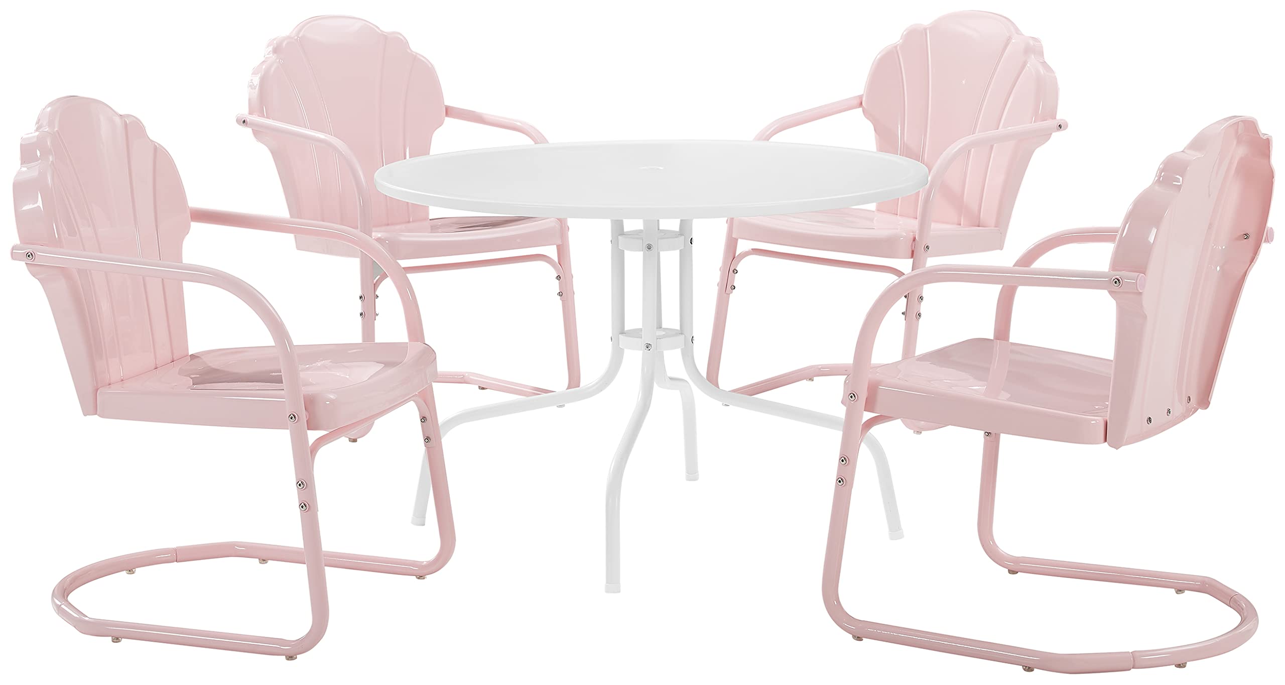 Crosley Furniture Tulip 5-Piece Outdoor Dining Set For 4, Retro Metal Round Patio Table And Chairs For Deck, Pastel Pink Gloss