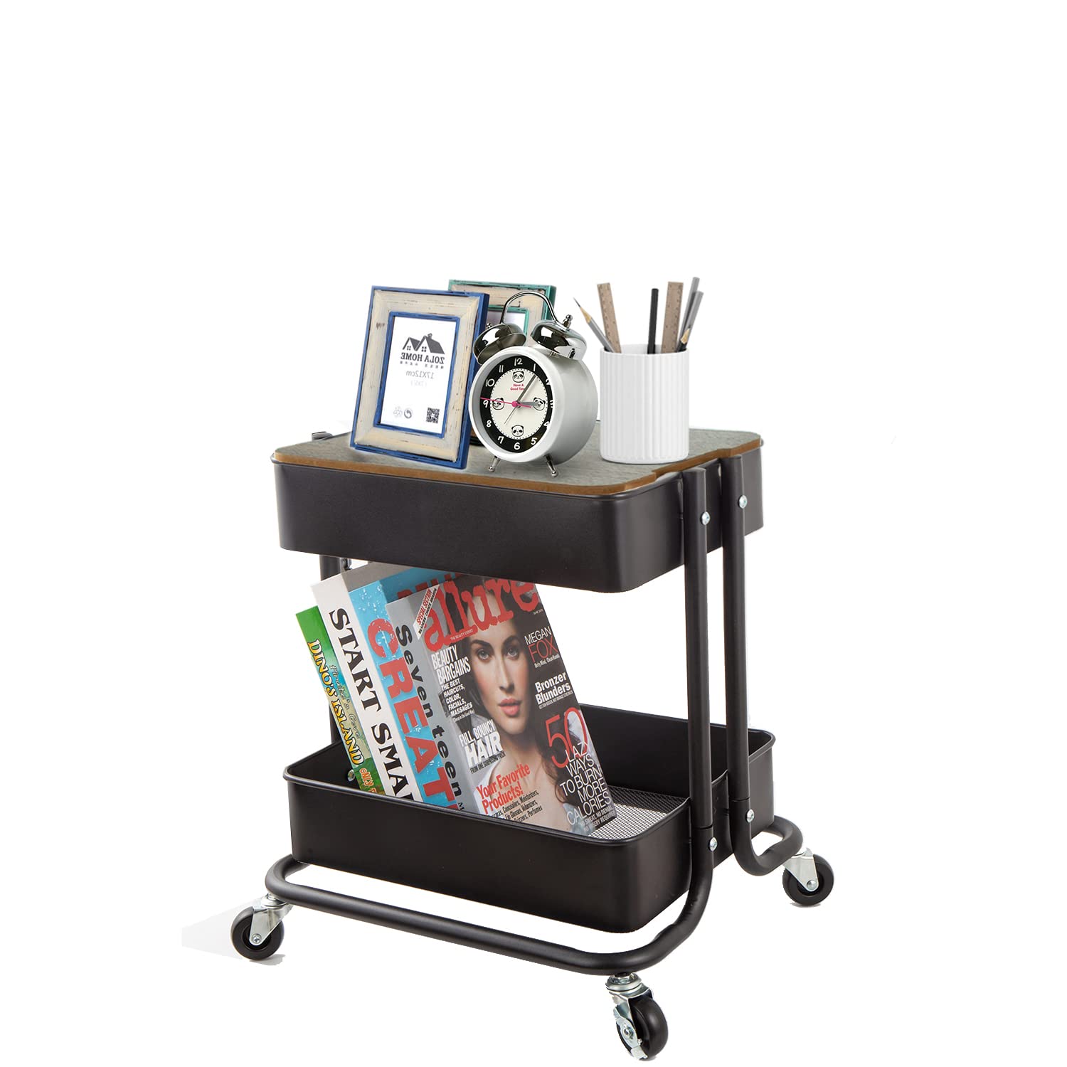 Melody House 2-Tier Metal Utility Rolling Cart Storage Organizer with Cover Board Mobile Trolley Sofa Side Table with Wheels for