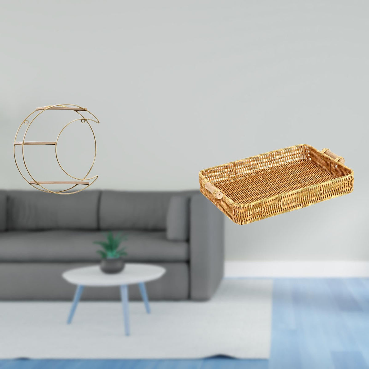 Enakshi Modern Multifunctional Wall Mounted Shelf And Woven Fruit Basket Decorative Space Saving Display For Collectibles Trophy