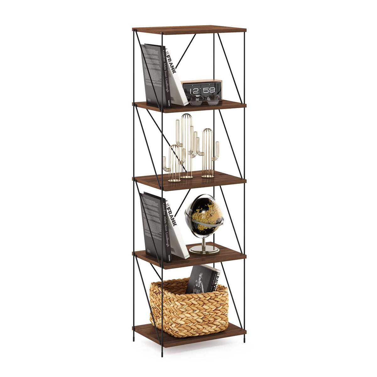 Furinno Besi 5-Tier Industrial Multipurpose Shelf Display Rack with Metal Frame, Narrow, Walnut Cove