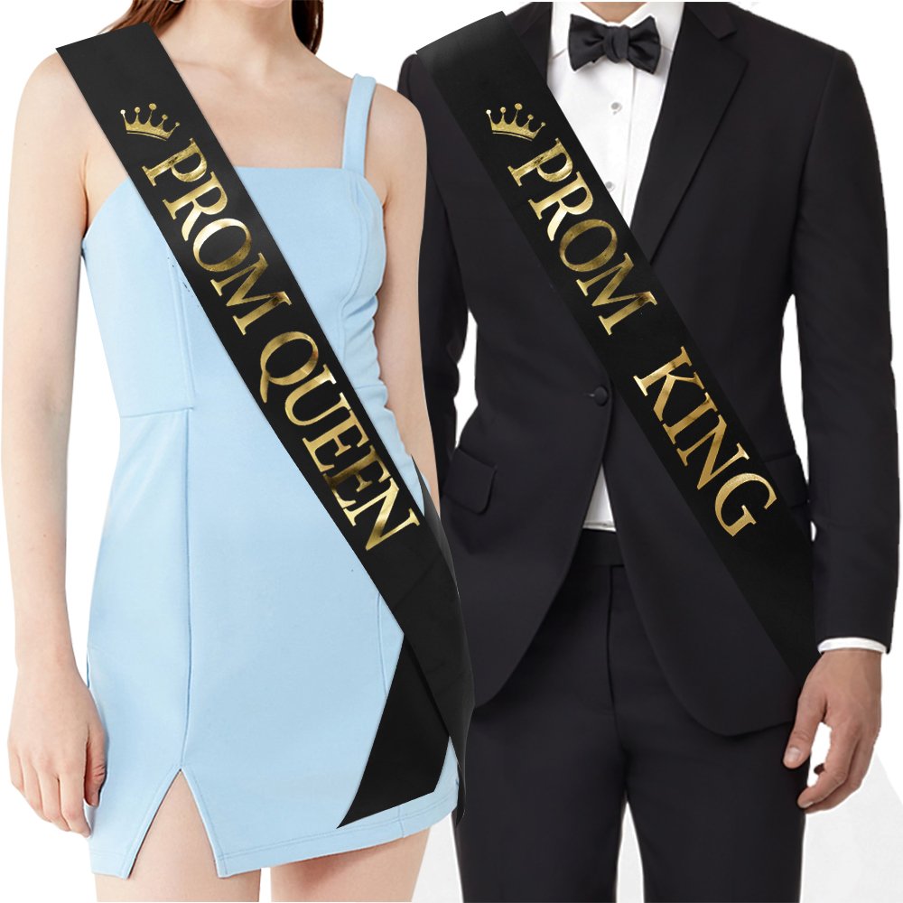 'PROM KING' and 'PROM QUEEN' Sashes - Graduation Party School Party Accessories, Black with Gold Print