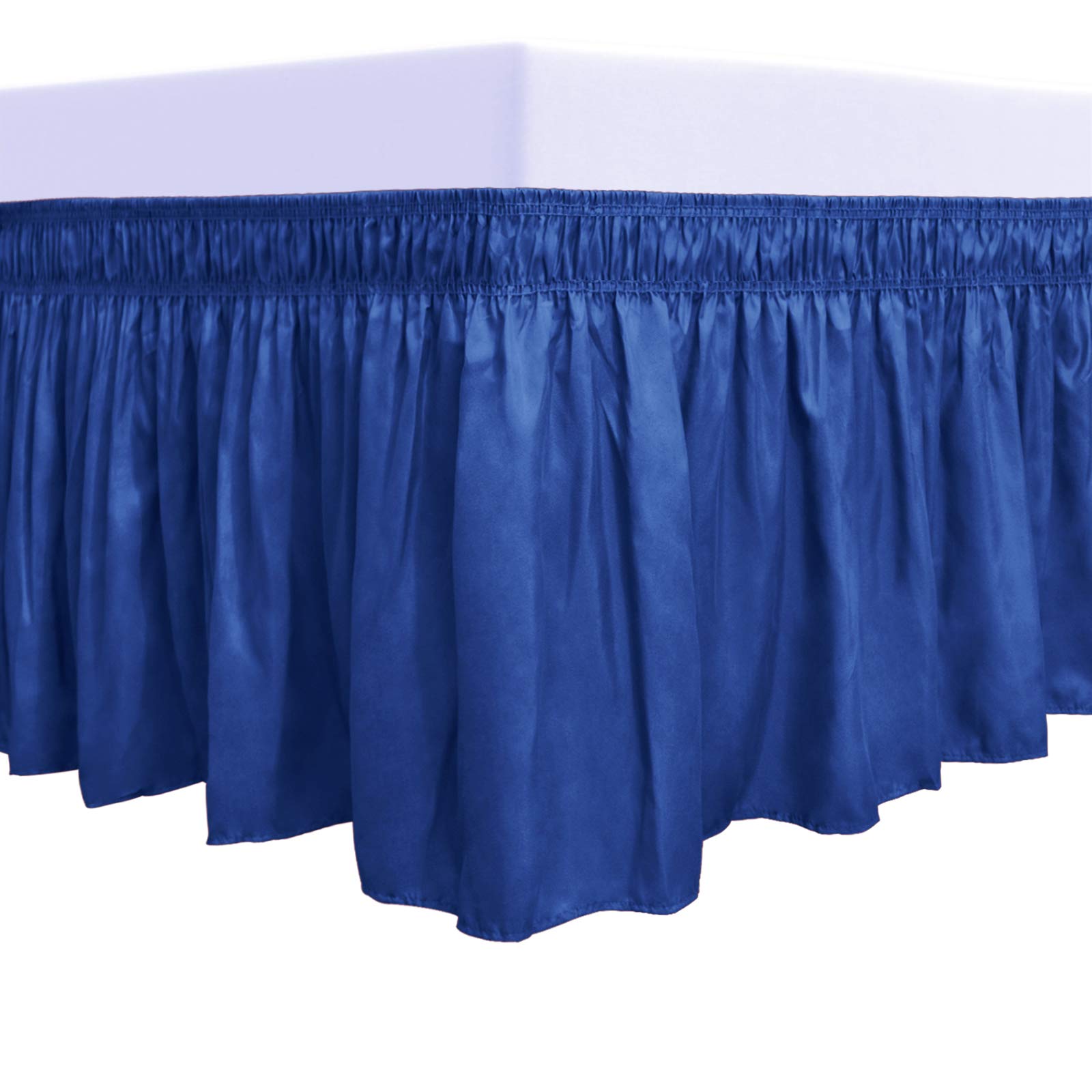 Purefit Wrap Around Ruffled Bed Skirt With Adjustable Elastic Belt - 14 Inch Drop Easy To Put On, Wrinkle Free Bedskirt Dust Ruffles, Bed Frame Cover For Queen, King And C-King Size Bed, Classic Blue