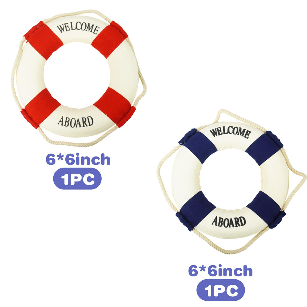 Bilipala 2Pcs Welcome Cloth Decorative Life Ring, Buoy Home Wall Nautical Decor, Red&Blue