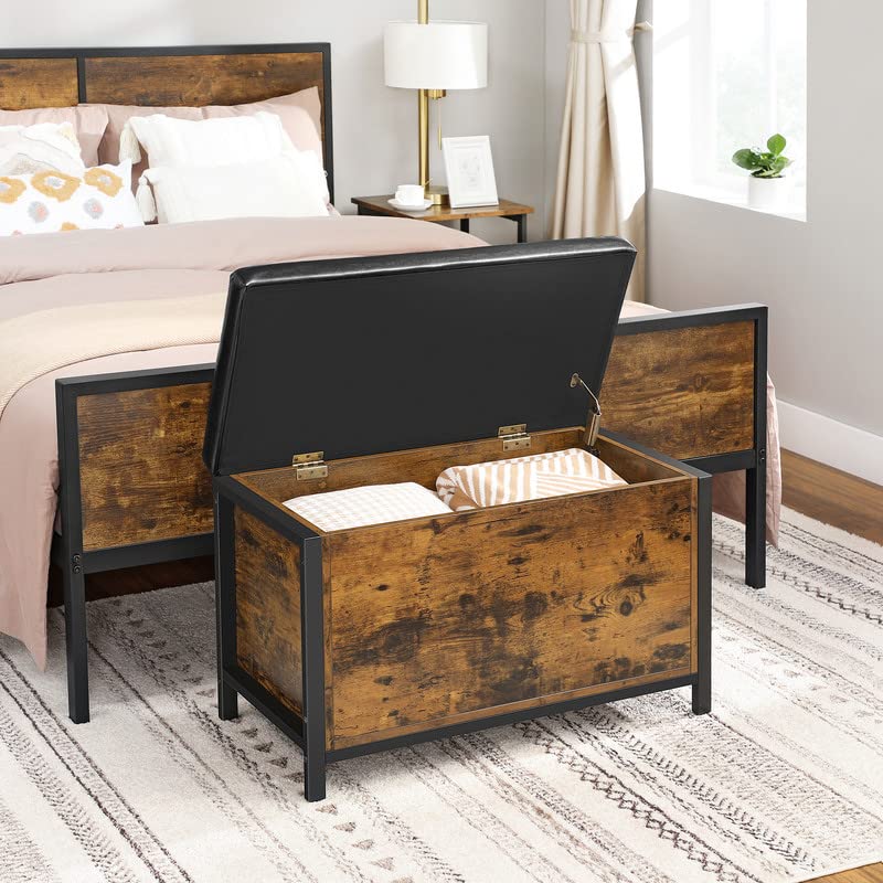 VASAGLE Entryway Storage Bench ULSC80BX, Flip Top Ottoman, Industrial Rustic Brown Engineered Wood, Black