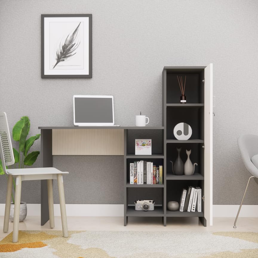 Hutch Desk With Storage, Multipurpose For Office & Home, Slate Grey & Highland Pine, Termiteproof Borerproof Engineered Wood,
