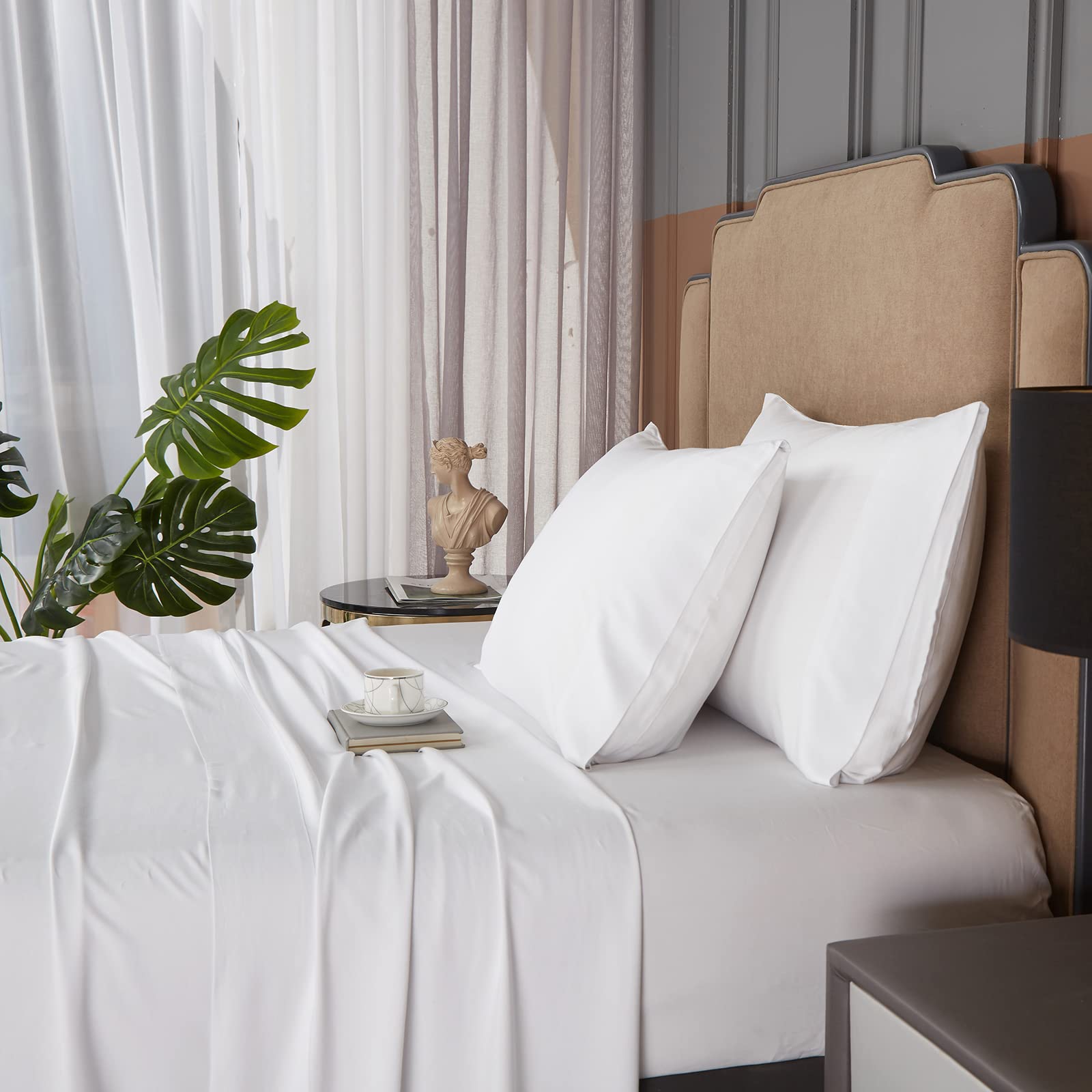 Hyprest King Size Sheet Set,Rayon Derived From Bamboo, Deep Pocket Sheets Fits 18'-24' Thick Mattress,White Sheets Luxury Cool