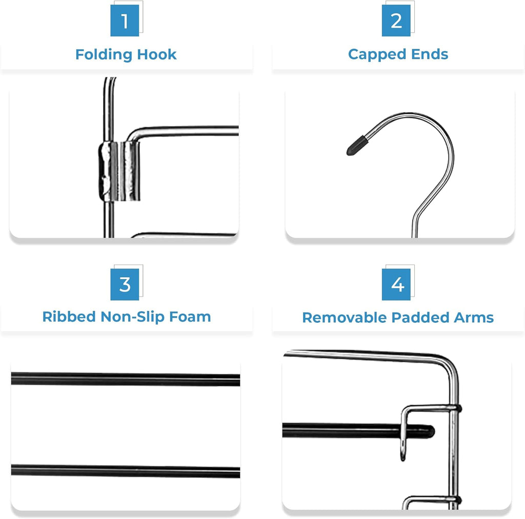 4-Tier Swing Arm Pants Hanger with Removable Foam-Padded Arms, Up to 5 Garments, Chrome