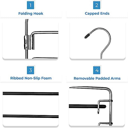 4-Tier Folding Pants Hanger with Non-Slip Padded Bars, Chrome Steel