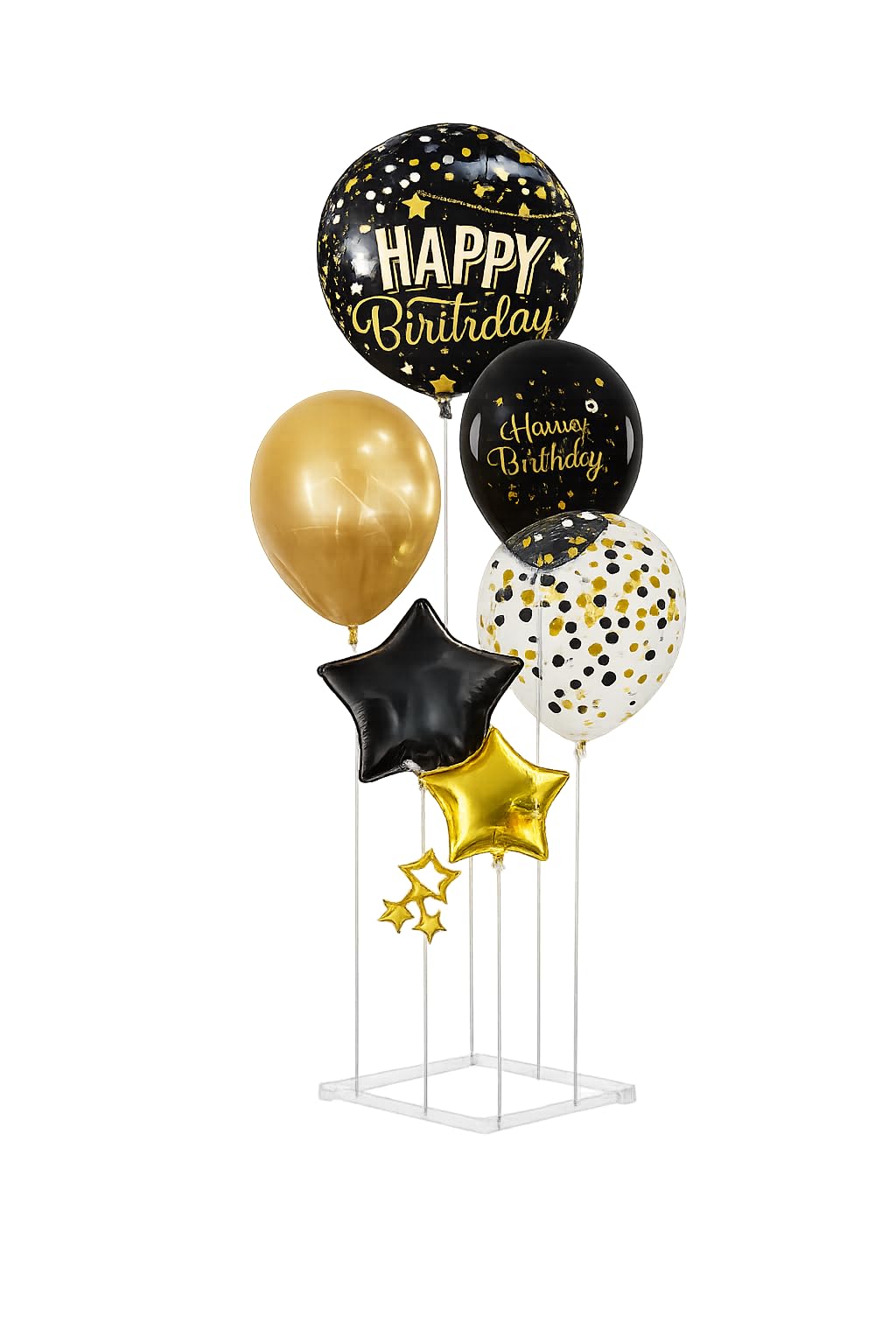 Balloon Stand Kit with Happy Birthday Balloons, Adjustable Reusable Balloon Stand, Black Gold Latex Balloons, Confetti Balloon &
