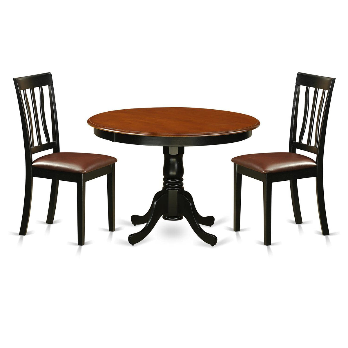 East West Furniture HLAN3-BCH-LC 3 Piece Dining Room Table Set Contains a Round Kitchen Table with Pedestal and 2 Faux Leather Upholstered Dining Chairs, 42x42 Inch, Black & Cherry