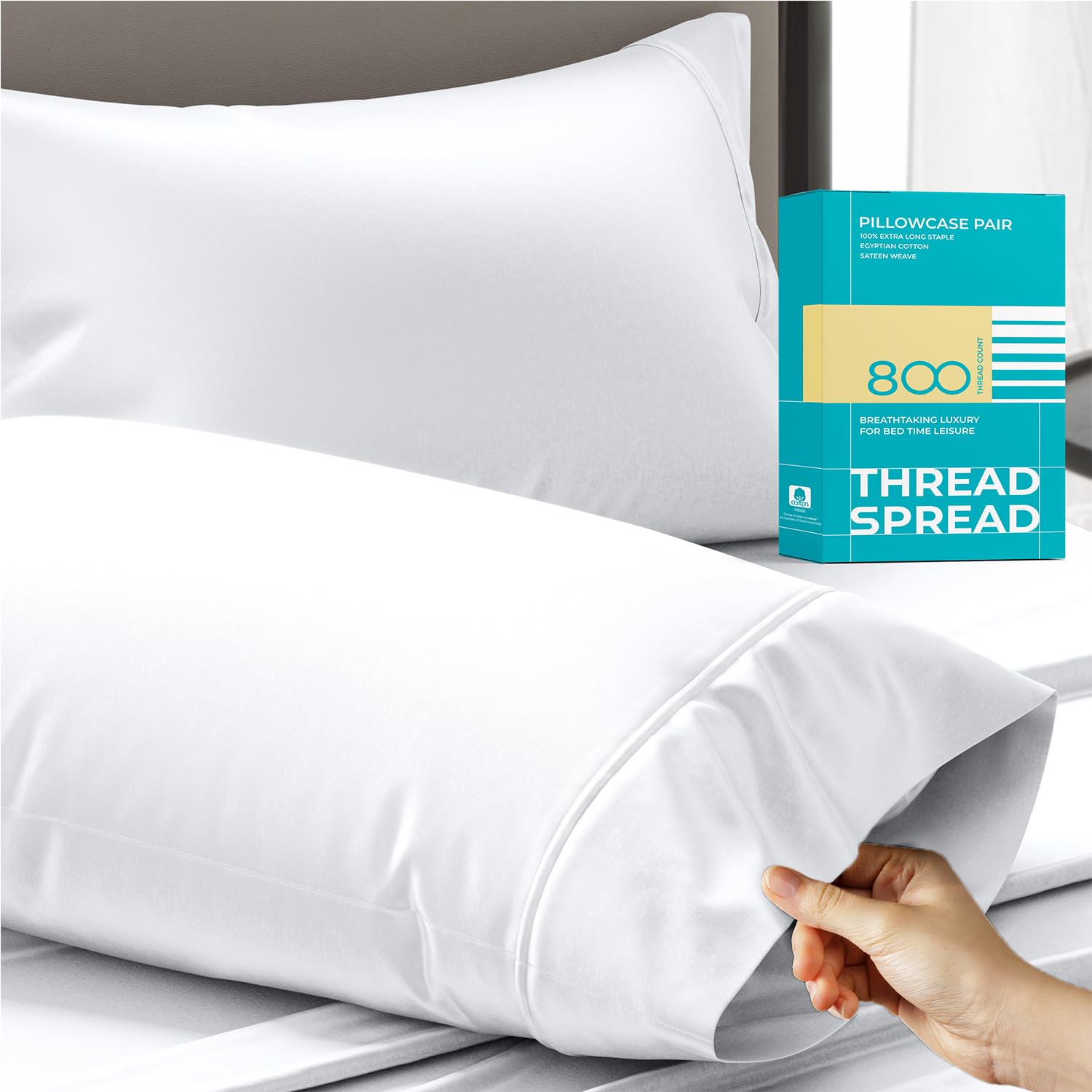Thread Spread 800 Thread Count 100% Egyptian Cotton Queen Size Pillowcase Set Of 2, Bright White, Sateen Weave