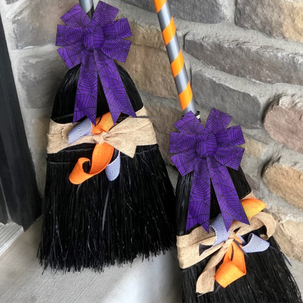 2Pcs Halloween Wreath Bows Halloween Decor Bows Purple Spider Web Strips Burlap Linen Bows For Wreath, Halloween Fabric Ribbon B