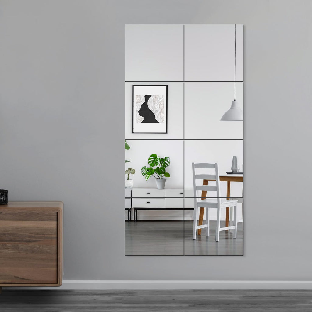 EVENLIVE Full Body Mirror Tiles, Frameless Length Wall Mirror, for Home Gym, Door, Bedroom, Ease of Installation 12 Inch x 8 PCS