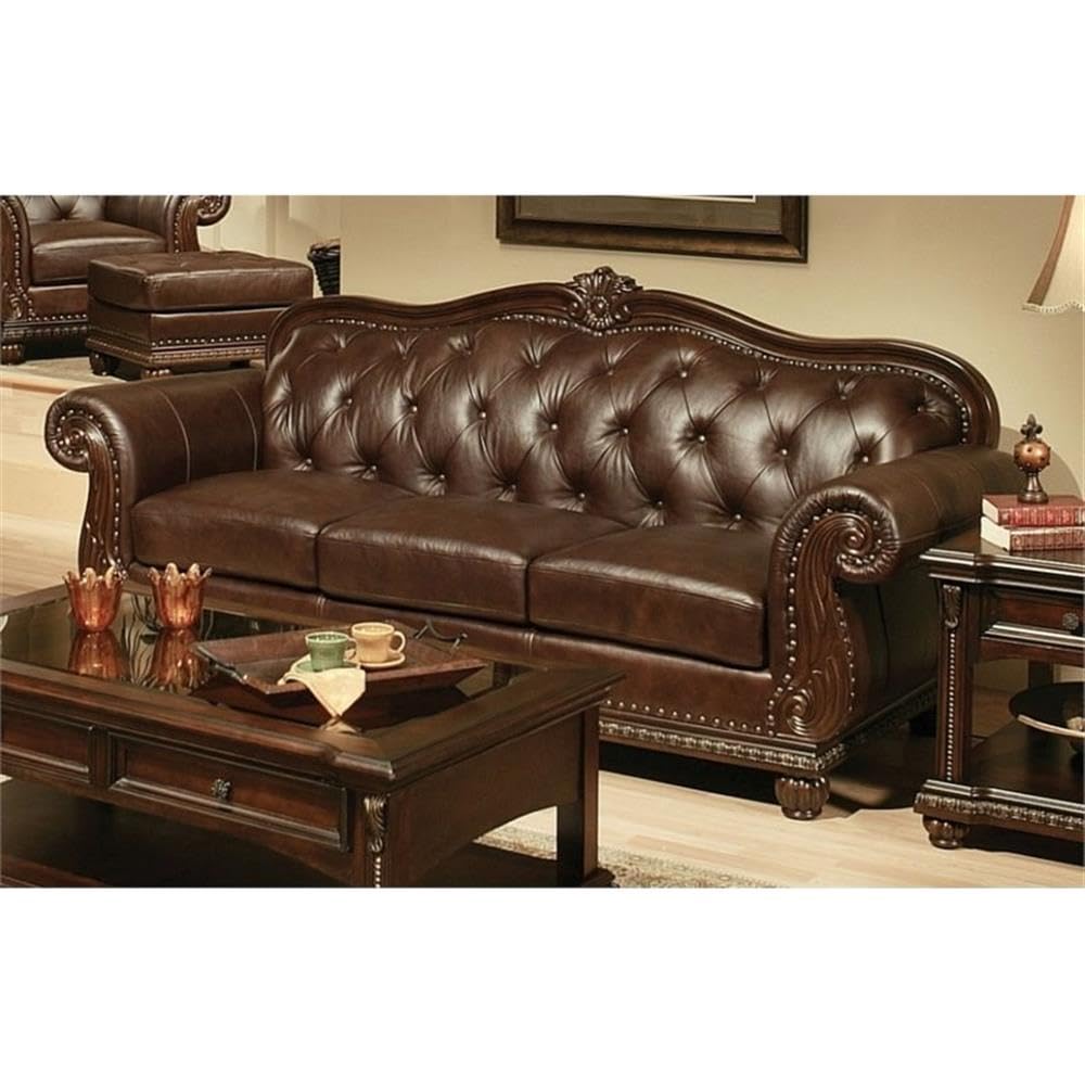 Acme Anondale Tufted Upholstered Leather Sofa in Cherry