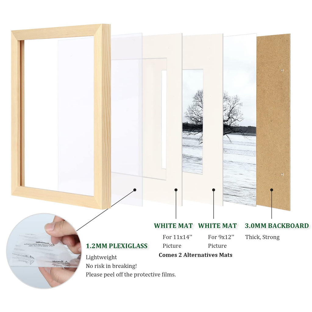 Egofine 12X16 Picture Frames Natural Wood Set Of 2 - Solid Wood Frames With Plexiglass Front, Display 9X12 Or 11X14 With Mat For