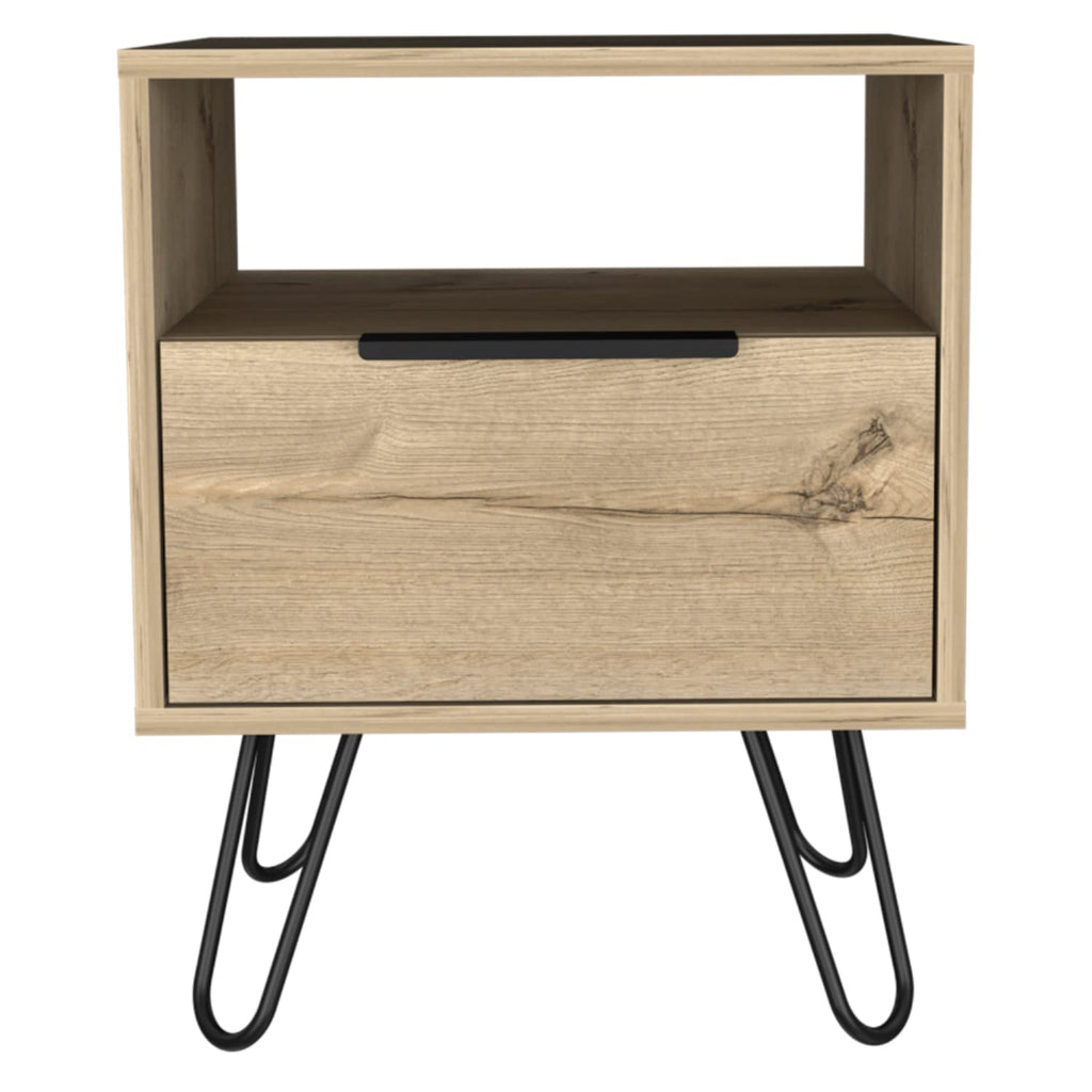 Nightstand 22&Quot; H, 1 Open Shelf, Single Door Cabient, Hairpin Legs, Light Oak