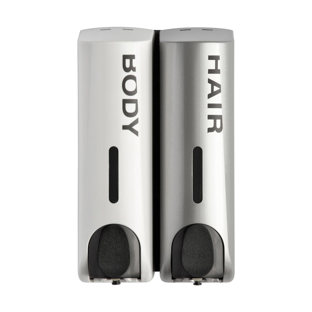 Duo Wall Mounted Shampoo Soap Shower Dispensers with 2x350ml Refillable Bottles, White/Silver