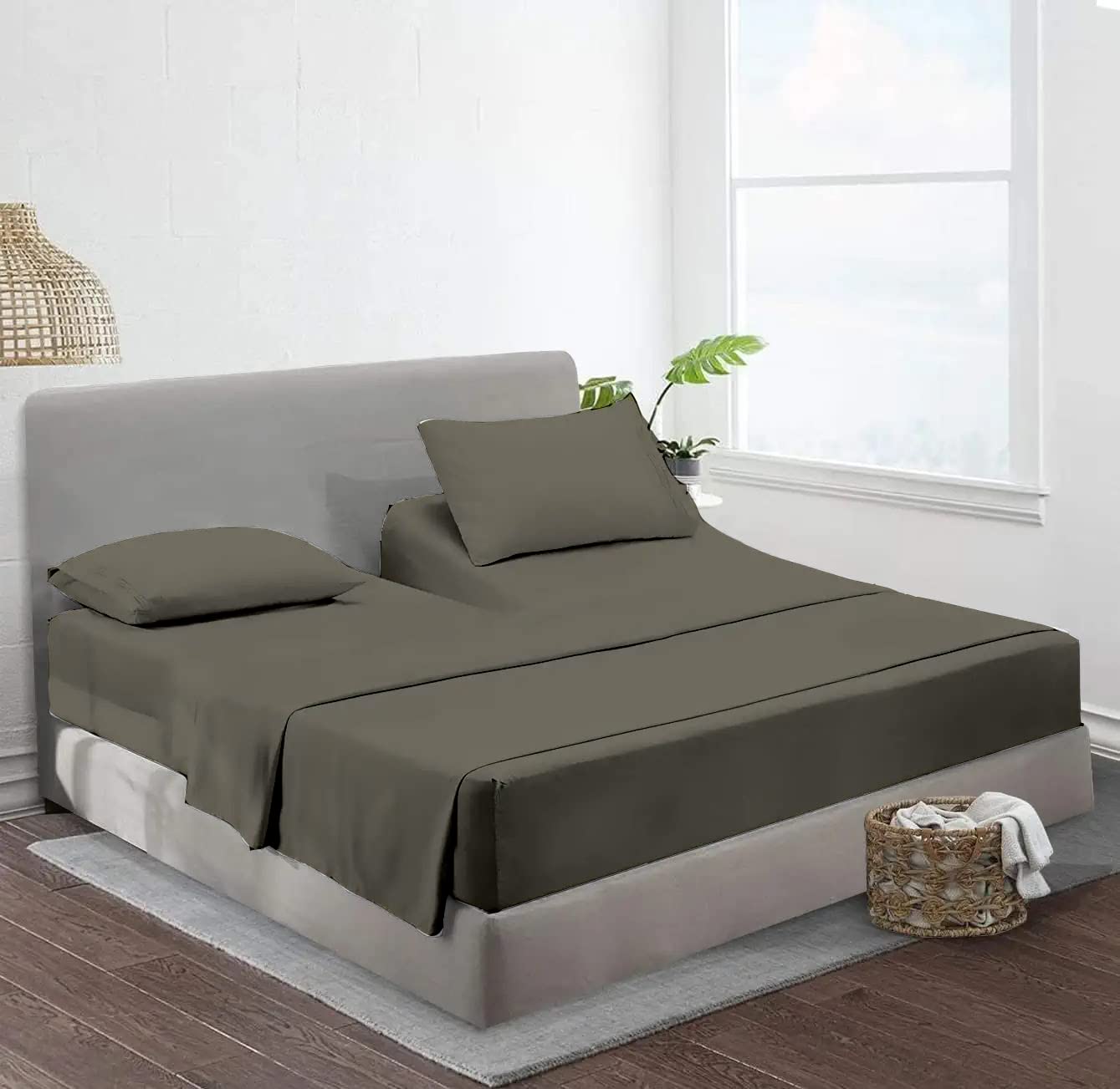 Flex Head King Sheets Sets For Adjustable Beds-Top Split King Sheets Sets (4 Pcs) King 34 Inch Down Sheets Slate Grey 15-18 Inch Deep Sheets(Flex Head 34''Down Size)