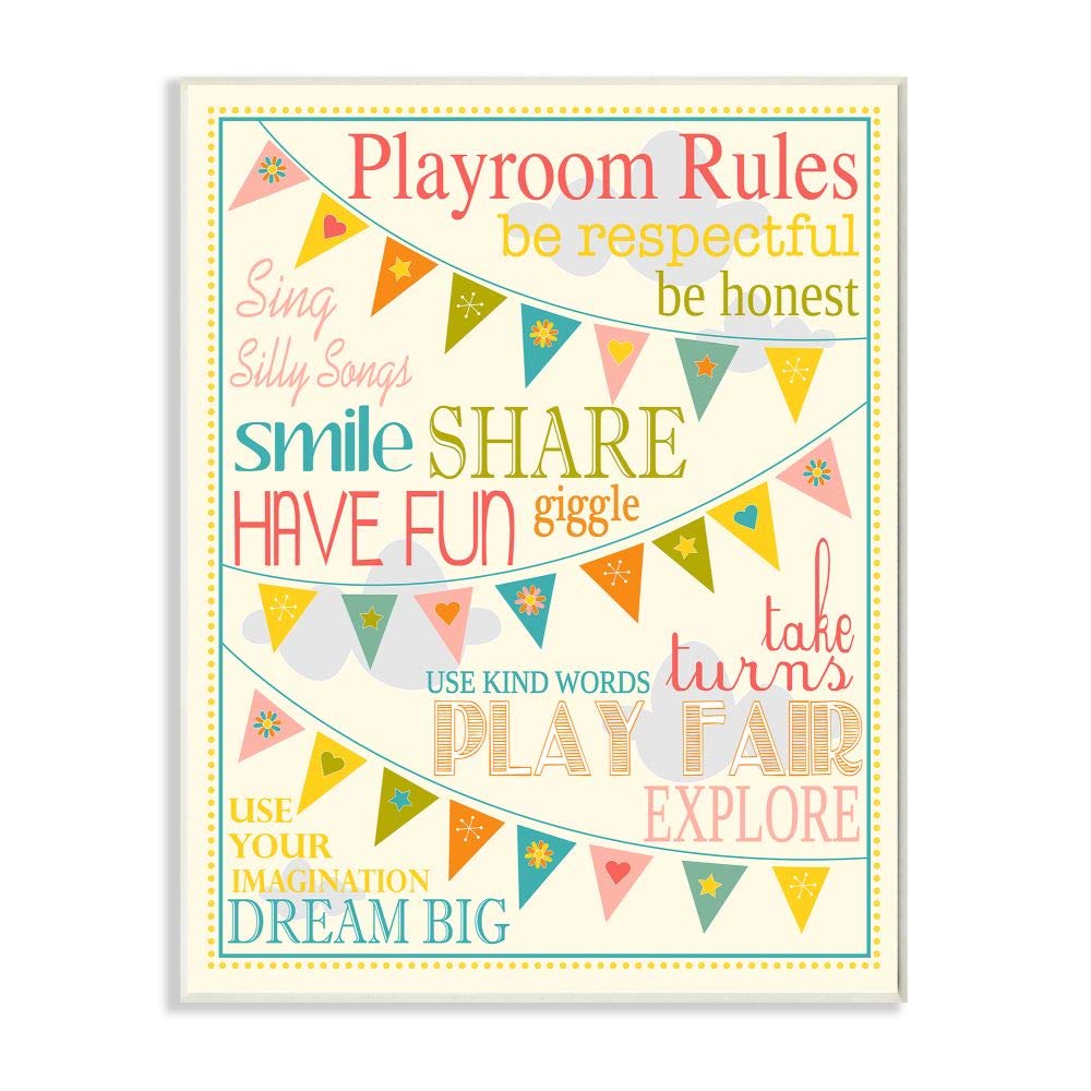 Stupell Home D  cor Playroom Rules With Pennants In Pink Rectangle Wall Plaque, 10.25 x 0.5 x 14.75, Proudly Made in USA