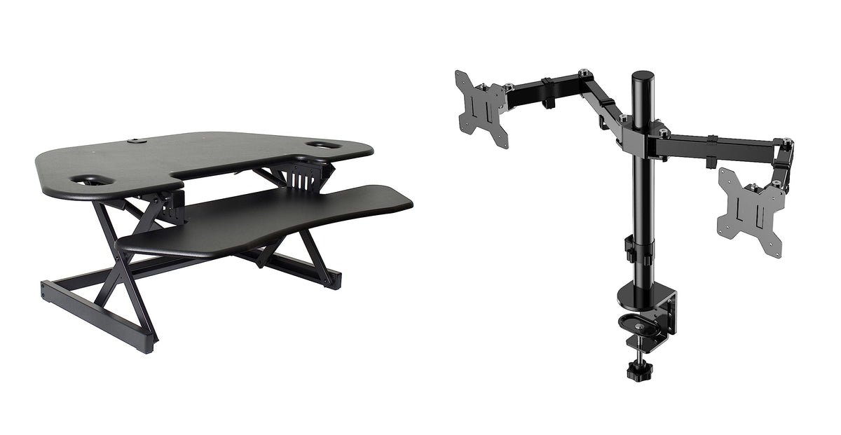 Rocelco 46" Height Adjustable Corner Standing Desk Converter with Dual Monitor Arm Bundle - Quick Sit Stand Up Computer Workstation Riser - Extra Large Keyboard Tray - Black (R CADRB-46-DM2)