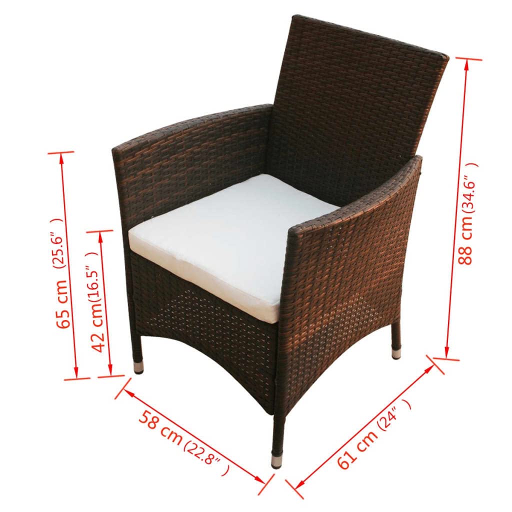 vidaXL Poly Rattan Patio Chairs – Set of 2, Outdoor Garden Furniture with Comfortable Cushions, Brown