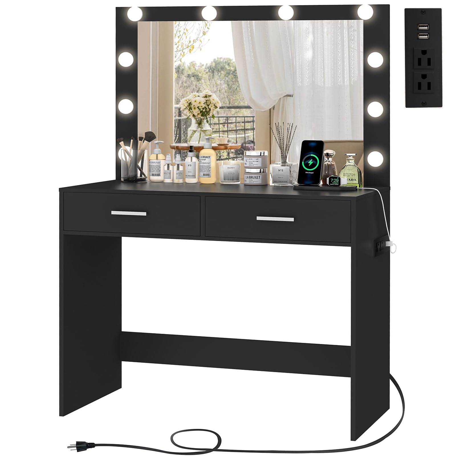 usikey Small Vanity Desk with Mirror and Lights, Makeup Vanity Desk, Vanity Table Set with 2 Drawer & Power Outlets, Adjustable 