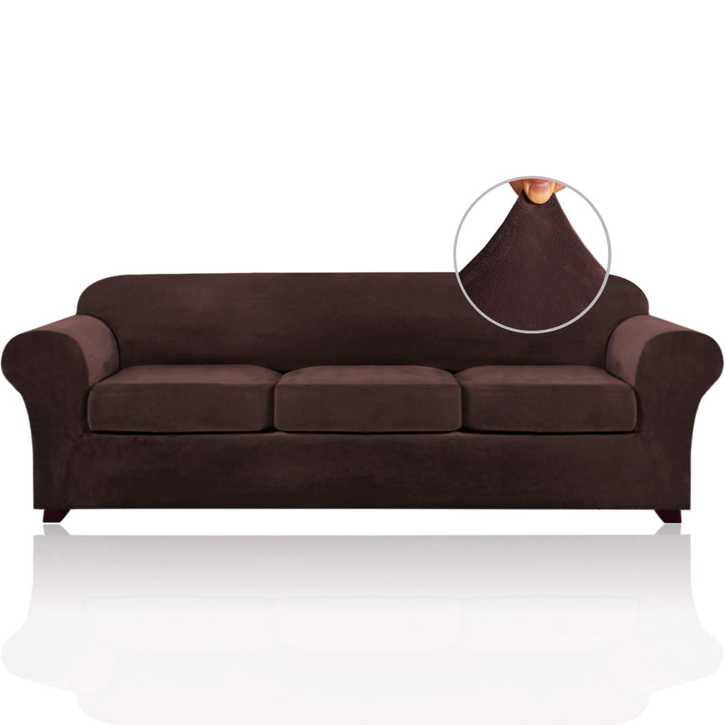 4 Pieces Sofa Covers Stretch Velvet Couch Covers For 3 Cushion Sofa Slipcovers Soft Sofa Slip Covers Furniture Covers With 3 Individual Seat Cushion Covers, Machine Washable (X-Large, Brown)