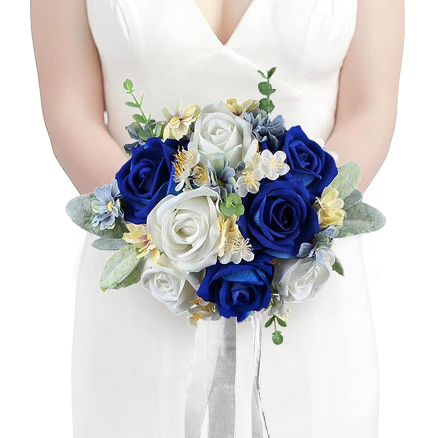 Rinlong 7 Blue Wedding Bouquet for Bride Bridesmaid Artificial Toss Bouquet Royal Navy Blue Silk Bridal Bouquet Wedding Prom Bou