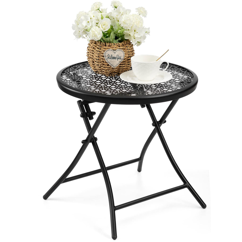 Teokj Folding Outdoor Side Tables, Anti Rust Small Patio Table Round Metal End Table With Flower Cutouts For Porch Yard Balcony Deck Lawn, Black
