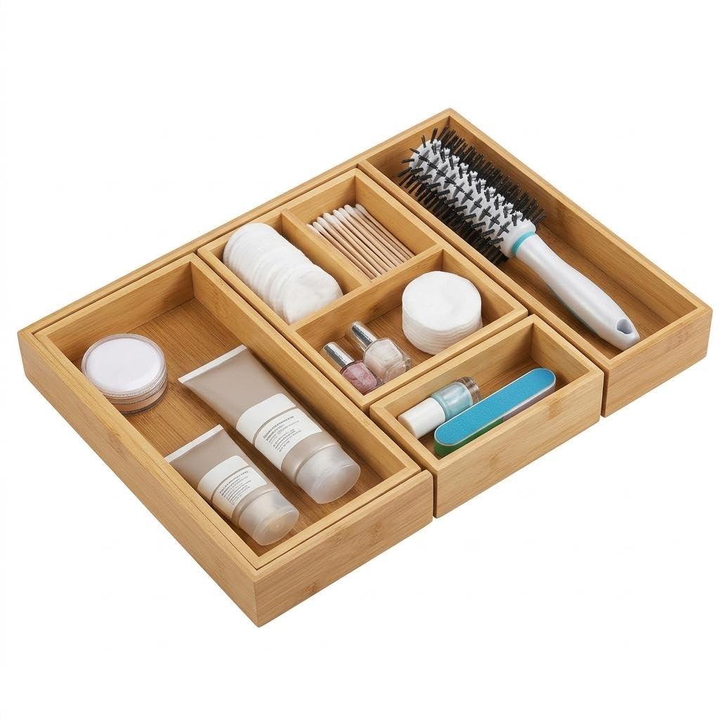 Pexorva Bamboo Drawer Organiser Set, Waterproof Modular Bamboo Drawer Bins, EcoConscious Bamboo Drawer Storage, Bamboo Drawer O