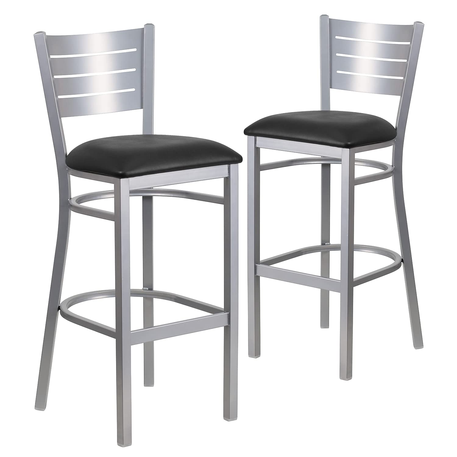 2 Pk. Silver Slat Back Metal Restaurant Barstool - Black Vinyl Seat