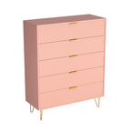 5-Drawer Chest in MDF Wood with Gold Metal Legs and Handles (Pink)