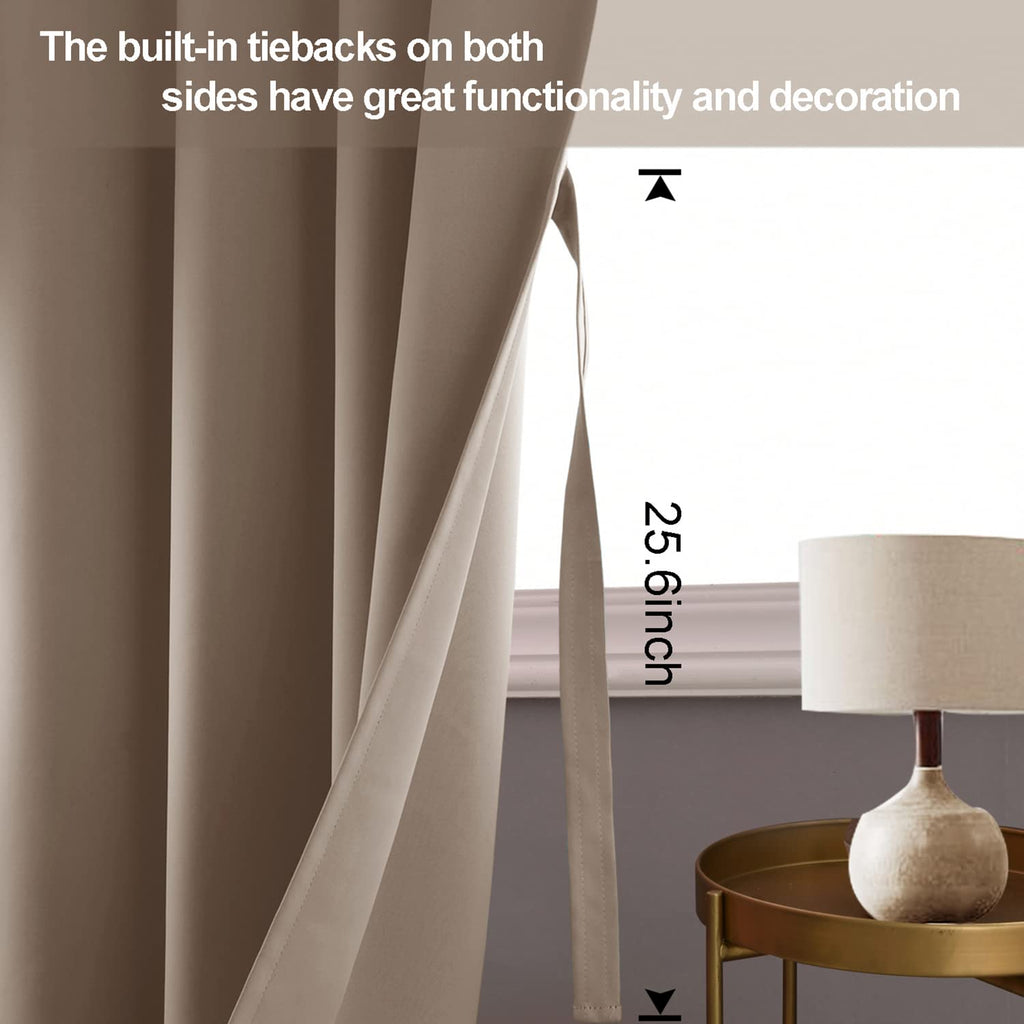Jiuzhen Taupe Blackout Curtains With Tiebacks - Thermal Insulated, Light Blocking And Noise Reducing Grommet Curtains For Bedroom And Living Room, Set Of 2 Window Curtain Panels, 60 X 63 Inch Length