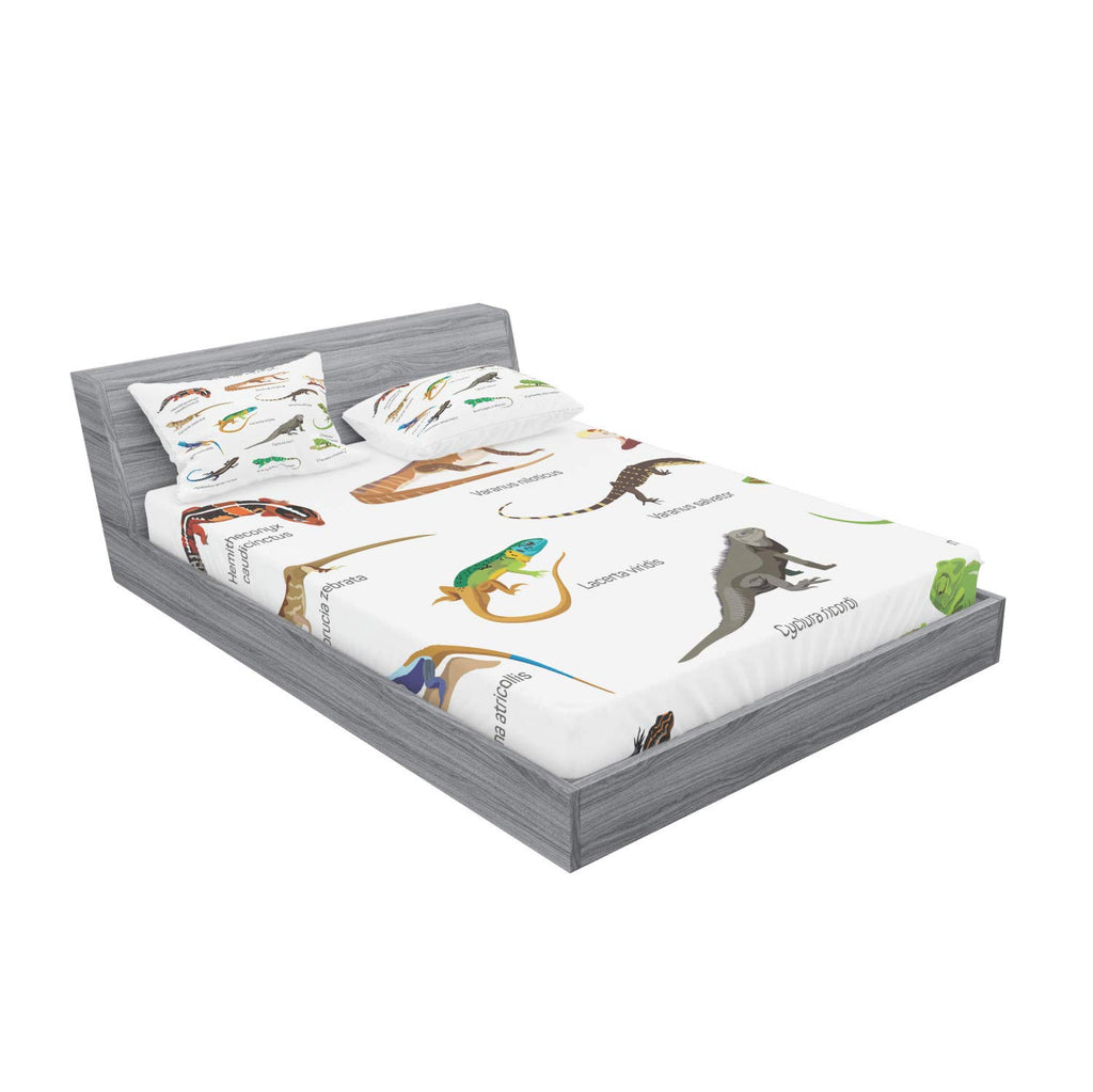 Ambesonne Reptile Fitted Sheet & Pillow Sham Set, Lizard Family Design On Plain Background Primitive Camouflage Exotic Creatures