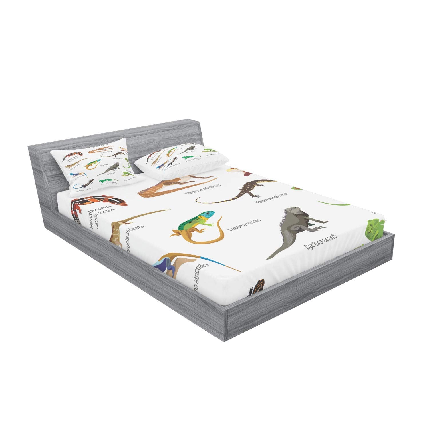 Ambesonne Reptile Fitted Sheet & Pillow Sham Set, Lizard Family Design On Plain Background Primitive Camouflage Exotic Creatures
