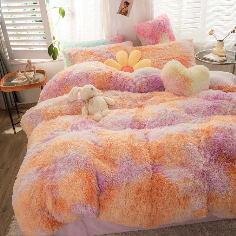 SUCSES Faux Fur Twin Bedding Sets for Girls, 2 Pcs Fluffy Furry Duvet Cover Set, Plush Shaggy Tie Dye Teen Girl Bed Set, Colorfu
