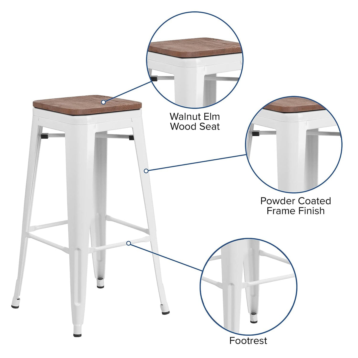 Flash Furniture Lily 30" High Backless White Metal Barstool with Square Wood Seat