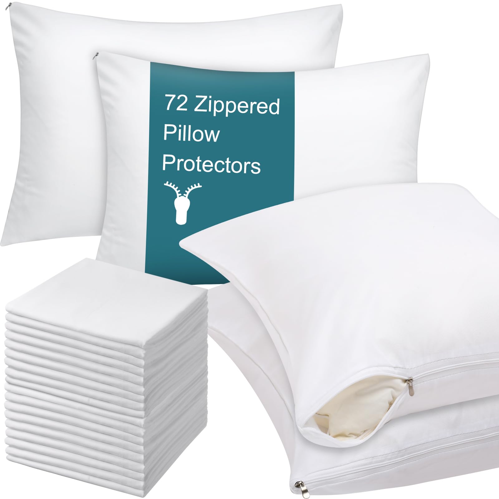 Shimeyao 60 Pcs 20 x 26 Inch Zippered Pillow Protectors Bulk, Standard Size Bedding Pillow Cases, Soft Breathable Cotton Sateen 