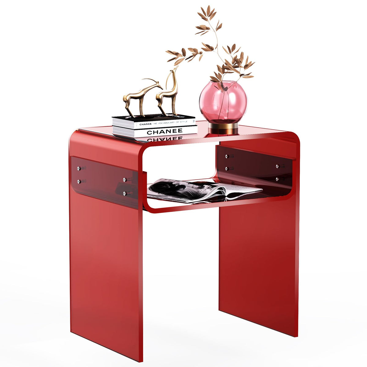 Solaround Clear Acrylic End Table 2Tier Bedside Nightstand For Living Room Bedroom (1, Red)