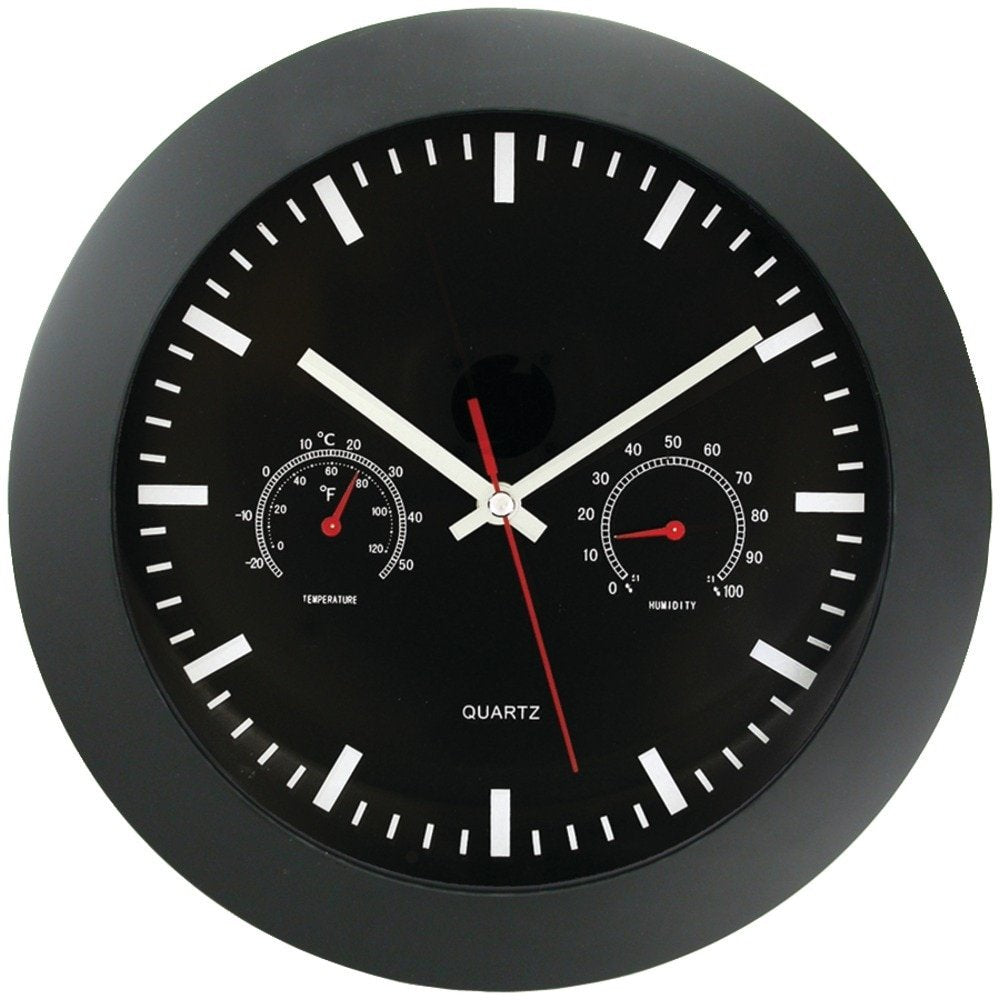 Timekeeper 12 Wall Clock with Black Frame and Temperature/Humidity Gauges, Black/Silver/Red