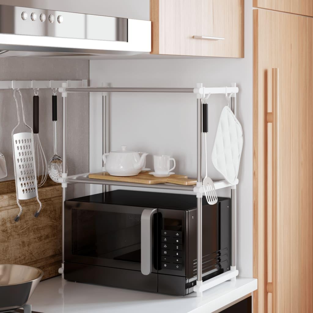 vidaXL White Kitchen Shelf Unit - Aluminum Microwave Shelf with Hooks and Two Shelves - Versatile Storage Solution for Home Kitchen Cabinets and Pantries